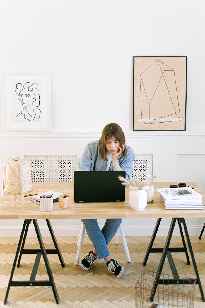 our-services-2 Focused woman using a laptop at a chic home office desk with stylish decor.